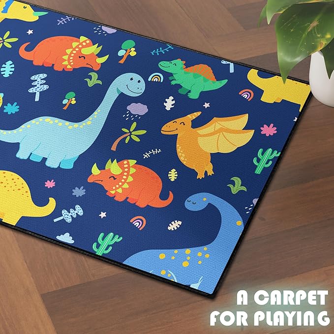 Cute Cartoon Dinosaur Rug for Bedroom 59"x39" Bedroom Playroom Decor for Kids Lovely Dinosaur Animal Pattern Carpet Blue Rug Non-Slip Washable