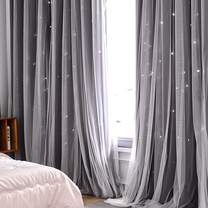 Kinryb Kids Blackout Curtains for Bedroom/Living Room/Classroom, Sheer Overlay 2 Free Tiebacks, Double Layer Curtains with Star Cutout for Kids Room(Each Piece W 70 x L 72 Inches 2 Pcs Chocolate)