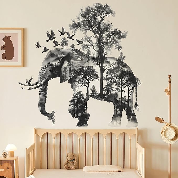 2 Sheets Forests Silhouette Animals Wall Decals - Removable Wild Elephant Tree & Birds Wall Art Decor for Children's Nursery & Living Room