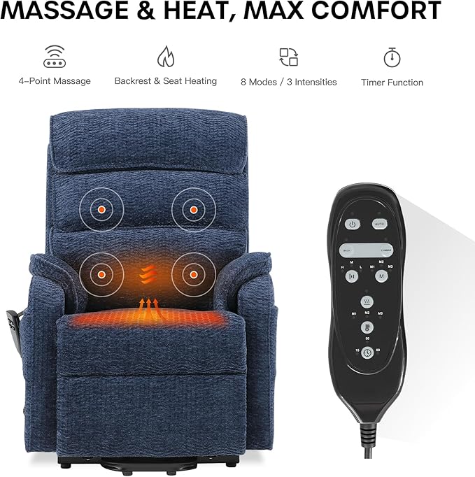 DYNOX 300 LBS Power Lift Recliner Chair for Elderly, Small Size Dual Motor Lay Flat Infinite Positions Recliner with Heat, Massage & USB Charging Port (9188S,Chenille,Blue)