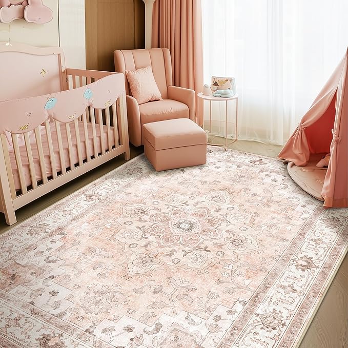 Machine Washable Rugs Nursery Rug 3x5 Cute Girl Non Slip Low Pile Water Repellent Soft Print Pattern for Bedroom Indoor Decor Kids Playroom Pink