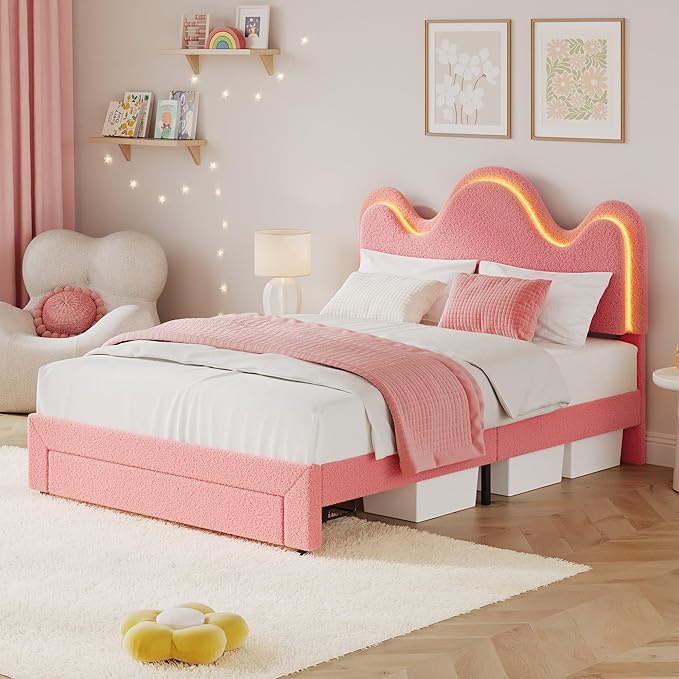 IDEALHOUSE Full Bed Frame with LED Headboard and Under-Bed Drawer, Metal Upholstered Platform Bed with LED Light for Kids, Girls, Lamb Fleece Fabric, Wooden Slats Support, No Box Spring Needed, Pink
