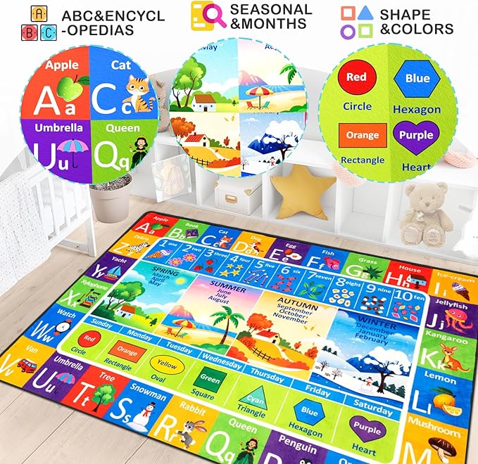ABC Rug, Toddler Play Mat Rug 6x9 Feet, Extra Thick (0.4in) Washable Baby Play Mat for Floor, Classroom Carpet Non-Slip for Learning, Alphabet, Nursery Mat for Crawling & Fun & Playroom Decor