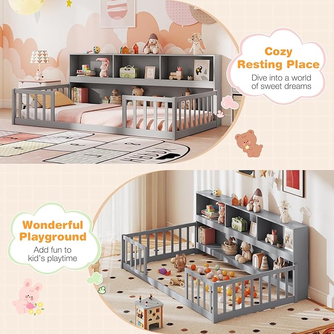 Giantex Twin Floor Bed for Kids, Wooden Montessori Bed Frame with Bookcase, Storage Shelves & Safety Fence Rails, Floor Beds Twin for Girls, Boys, No Box Spring Needed, Without Slats, Grey