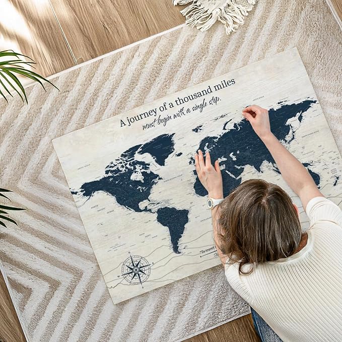 ElephantStock - A Journey I Push Pin World Map Wall Art - Horizontal Canvas Wall Art - Living Room Wall Decor - Digital Art Map Canvas Art - Blue And Beige Decor - 39" x 26"
