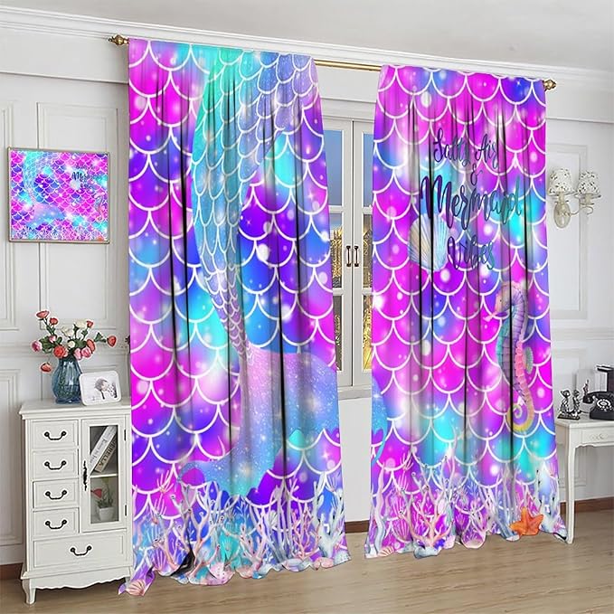 Dream Mermaid Curtains for Kids Boys Girls Ocean Theme Colorful Rainbow Fish Tail Blackout Window Treatment for Bedroom Nursery Room Decor Window Drapes 72" W X 63" L