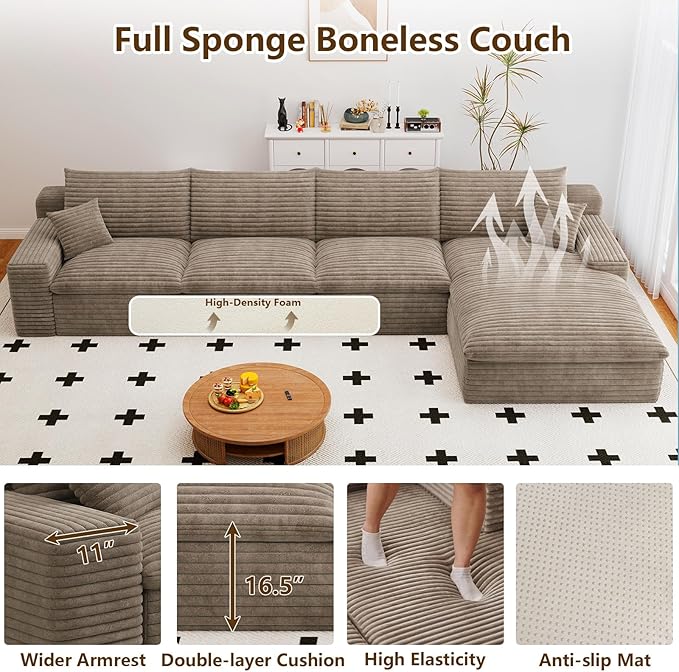 Cloud Sectional Couch,136 Inch Modular Sectional Sofa with Deep Seat, Modern Corduroy Boneless Couches with L-Shape Chaise for Living Room Bedroom, No Assembly Required (Camel, Right Facing Chaise)