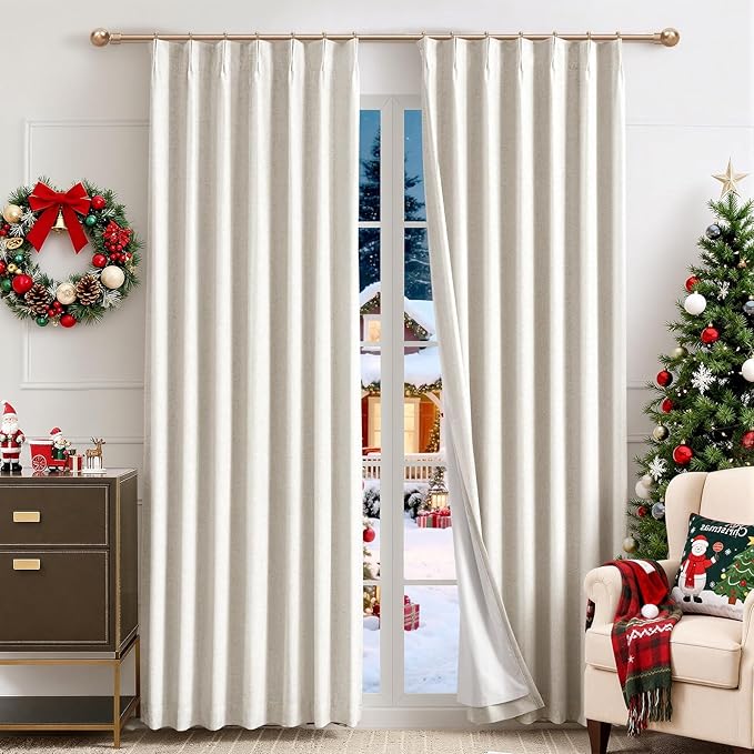 IVAPUPU Natural Linen Blend Pinch Pleated Blackout Curtains for Bedroom - 2 Pages Black Out Curtains 63 Inch 2 Panels Set for Living Room Darkening Thermal Thick Window Curtain Drapes with 16pc Hooks