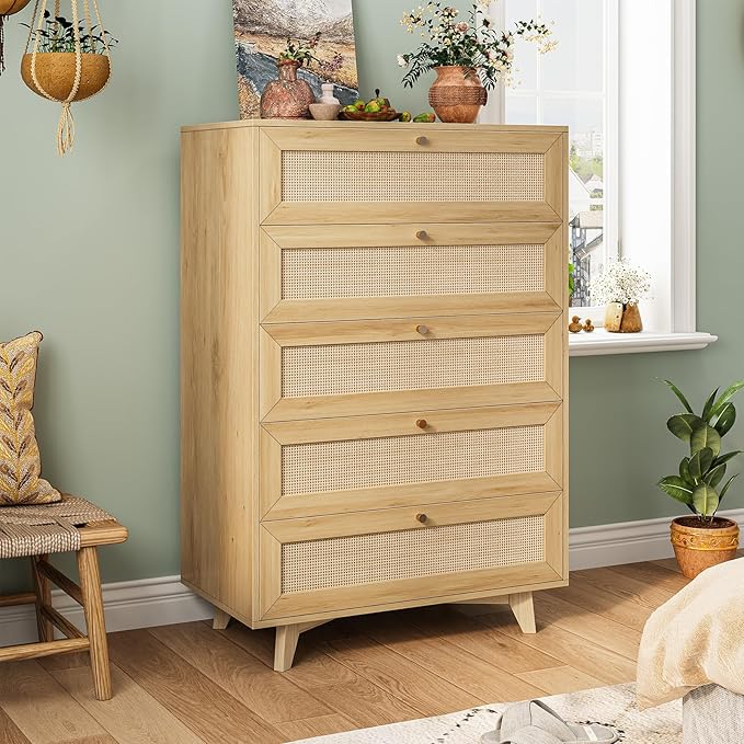 AOGLLATI Rattan Dresser for Bedroom with 5 Drawer, Modern Double Wooden Tall Bedroom Dresser, Chest of Drawers with Metal Handle & Solid Wood Legs for Bedroom/Living Room,