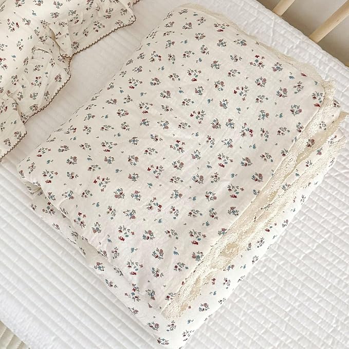 BuLuTu Cotton Muslin Quilted Blanket for Toddler/Twin Bed, Soft Breathable Children Comforter with Lace Edge, Chic Shabby Reversible Floral Quilt, Kids Boys Girls Gauze Cotton Bedding, 60x78 Inches