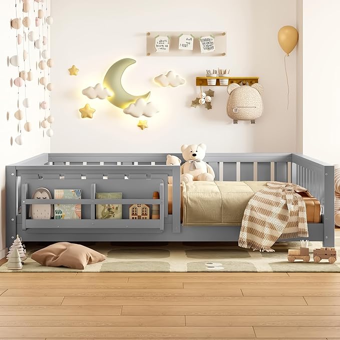 Bellemave Full Size Floor Bed with Slats and Safety Guardrail, Full Size Montessori Floor Bed with Fence and Built-in Bookshelf, Easy Assemble Montessori Beds for Kids, Girls, Boys, Gray