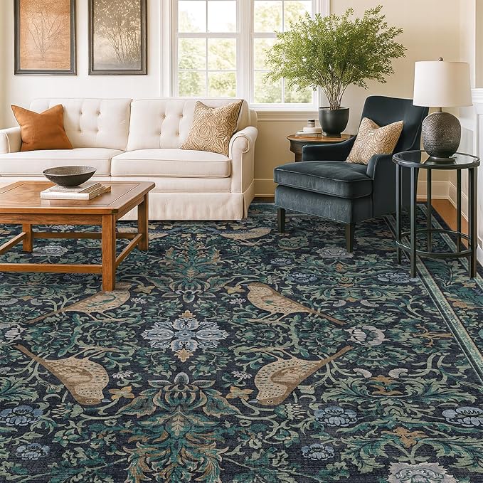 Boho Washable 8x10 Large Rugs for Living Room - Non Slip Dark Blue Botanical Rug for Dining Room Under Table, Low Pile & Soft Rugs for Bedroom Under Bed
