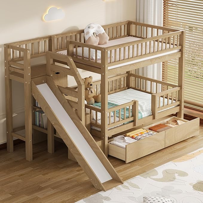 Twin Over Twin Bunk Bed with Storage Staircase, Solid Wood Bunk Bed Frame with Slide and 2 Drawers for Kids Teens Adult Bedroom, No Box Spring Needed (Walnut/63r)