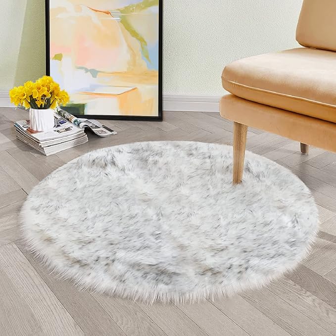 Grey and White Washable Shaggy Round Rug 5ft Circle Faux Sheepskin Furry Fur Rugs for Bedroom Nursery Rug