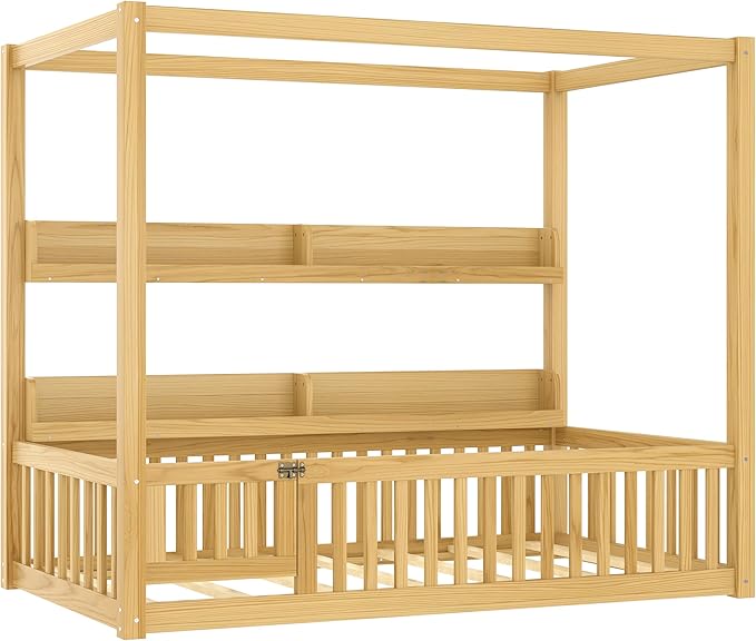 Bellemave Twin Size Canopy Bed with Guardrails and Door, Wood Floor Bed with Shelves for Toddlers, Built in 4 Poster Design,Montessori Bed for Kids,Boys,Girls,Easy Assemble（Twin,Natural）