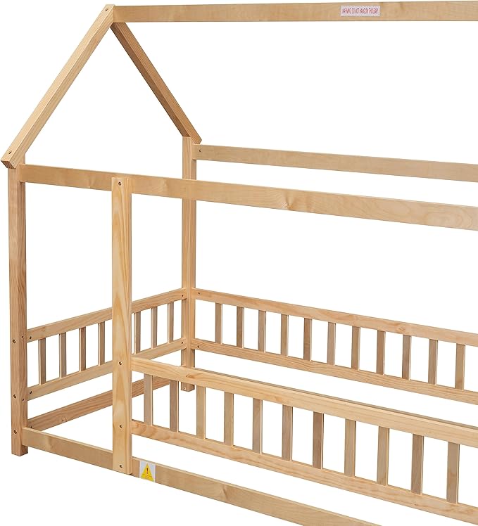 Bellemave Twin Size House Floor Bed Frame,Wooden Montessori Floor Bed with Fence for Kids,Twin Size Kids Bed,Natural