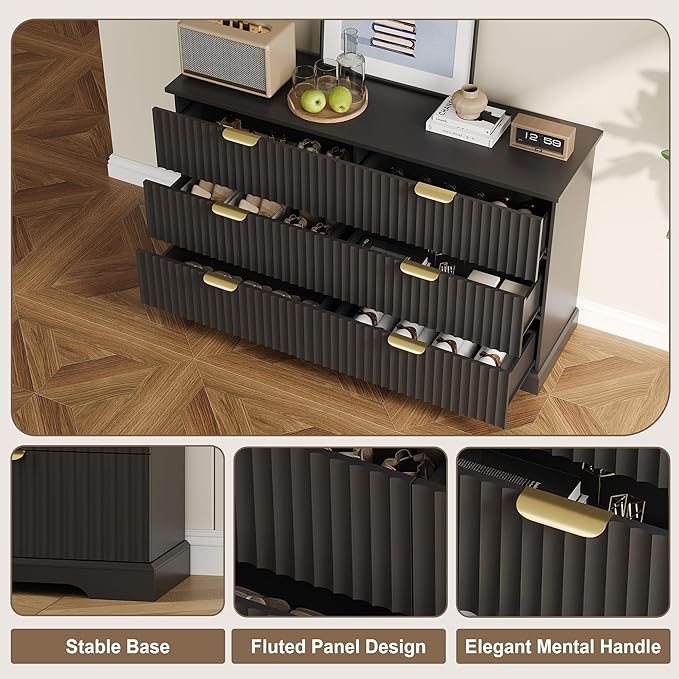 Fluted Dresser with 6 Drawers for Bedroom, 53.14" Wide Dresser with Metal Handle, Wooden Chest of Drawers for Bedroom, Living Room, Entryway, Black