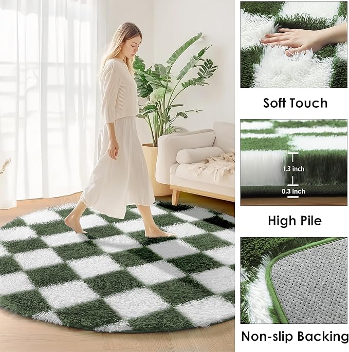 KICMOR Round Rug 4ft Olive Green and White Circle Area Rug, Fluffy Soft Fuzzy Shag Shaggy Bedroom Living Room Carpet, Indoor Checkered Circular Rugs for Kids Boys Girls Home Decor Aesthetic, Nursery
