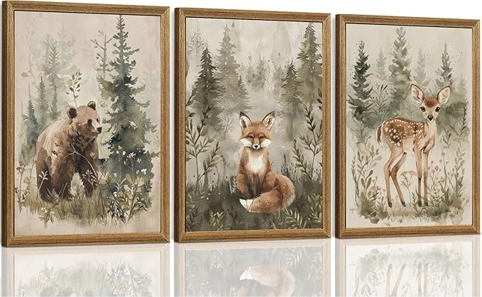 ICHZUMW Woodland Nursery Decor Wall Art Set of 3, Cute Forest Animals Canvas Prints Bear Fox Deer Pictures, Nature Watercolor Paintings for Baby Room Kids Bedroom Playroom, Neutral Artwork, 12x16in