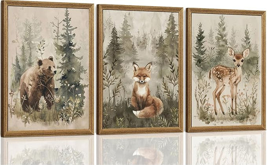 ICHZUMW Woodland Nursery Decor Wall Art Set of 3, Cute Forest Animals Canvas Prints Bear Fox Deer Pictures, Nature Watercolor Paintings for Baby Room Kids Bedroom Playroom, Neutral Artwork, 12x16in