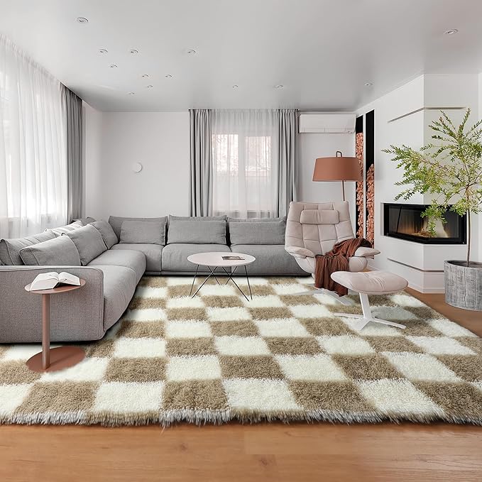 KICMOR Living Room Rug 7x9 Area Rug, Large Fluffy Shag Shaggy Fuzzy Checkered Bedroom Carpet, Beige and Cream White Big Indoor Soft Plush Rugs for Kids Boys Girls Dorm Nursery Home Decor Aesthetic