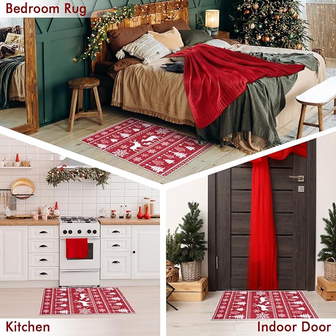 2x3 Machine Washable Christmas Area Rug, Non-Slip Small Christmas Entryway Rug for Front Door, Low Pile Indoor Door Mat for Entryway, Bedroom, Dining Room & Kitchen(2x3 Elk)