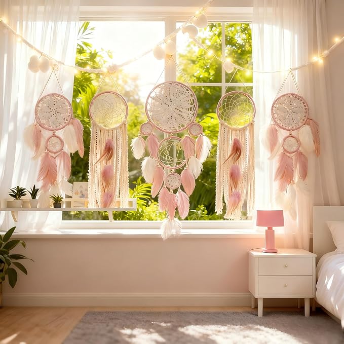 Dream Catcher Wall Decor,Large Boho Dream Catcher with Luxurious Feathers & Beads, Handmade Wall Hanging for Bedroom, Nursery, Living Room, Gift Ready for Girls & Adults (Pink)
