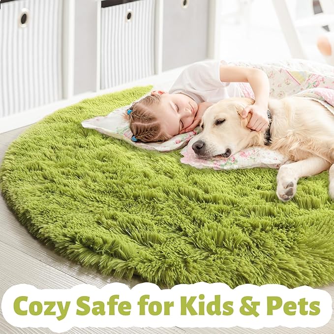 Grass Green Small Round Rug 3Ft for Bedroom, Fluffy Shag Circle Area Rugs for Kids Room Classroom Nursery, Cool Living Room Decor Aesthetic, Cute Fuzzy Moss Floor Circular Carpet for Preppy Dorm
