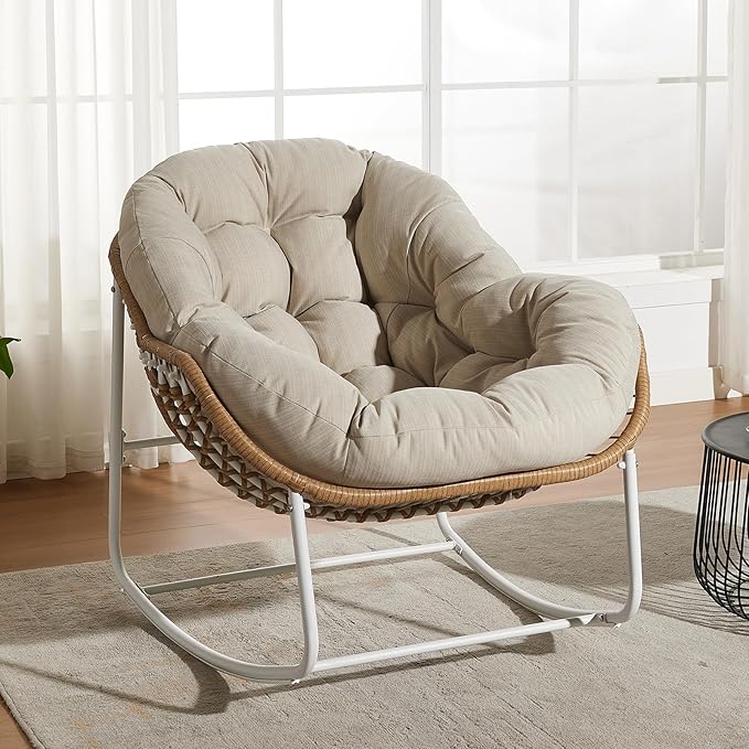 Oversized Outdoor Papasan Rocking Chair with Soft Cushion, Comfy Patio Egg Chair, Wicker Lounge Rocker for Balcony/Porch/Garden, Reinforced All Weather Rattan Frame, 330 lbs Support, Beige and White