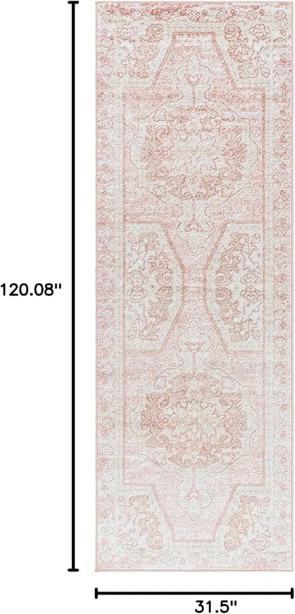 BoutiqueRugs Blush & Light Pink Collection Snead Bohemian Oriental Medallion Runner Rug - Traditional Floral Carpet for Hallway, Kitchen - Blush, Pale Pink, Cream - 2'7" x 10' Runner