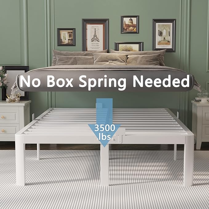 King Size Bed Frame 14 Inch, White King Bed Frame with Metal Baffles, No Box Spring Needed, Heavy Duty Steel Platform Support, Round Corner Legs, Reserved Holes, Storage Space, Noiseless