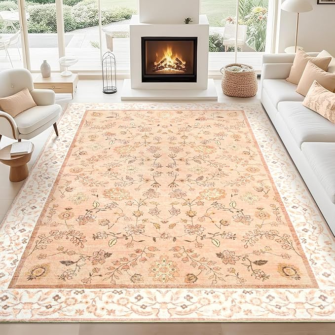 6x9 Rugs for Living Room, Orange Washable Floral Area Rug for Bedroom, Soft Non Slip Indoor Low Pile Carpet for Kitchen Dining Room, Large Boho Throw Carpets for Kids Nursery Office Dorm Home Decor