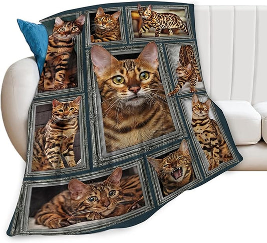 Jerkboo Bengal Cat Blanket, Multicolor, Flannel, Throw Blanket, 80"x60", Soft, Warm, Cute Cat Throw Blanket for Girls, Women, Kids, Adults