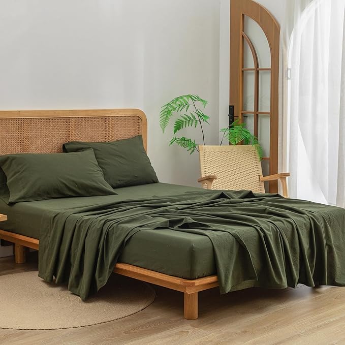 BESTOUCH Sheet Set 100% Washed Cotton Linen Feel Super Soft Comfortable Chic Lightweight 4 Pcs Home Bedding Set Solid Olive Green Queen