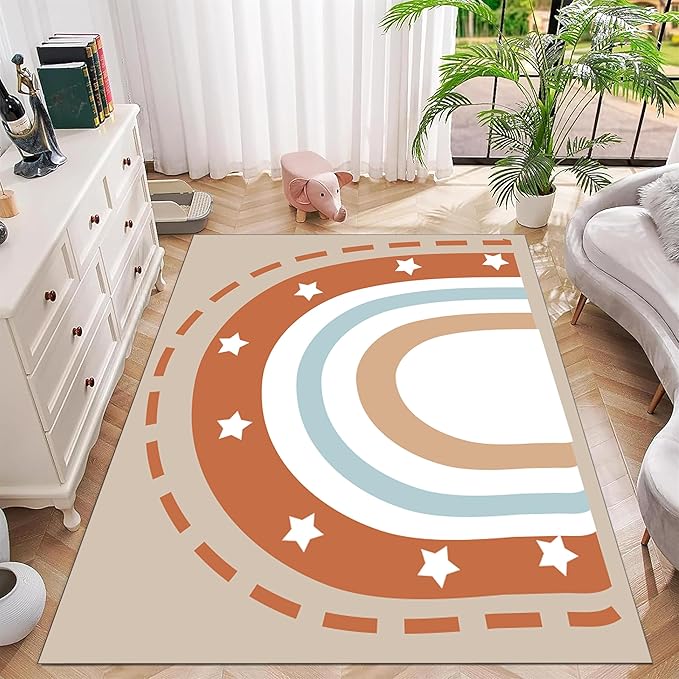 Machine Washable Rainbow Rugs Bedroom Fluffy Plush Soft Area Rugs Star Rainbow Patterns Living Room Non-Slip Indoor Flooring Kids Girls Boys Home Decor Aesthetics 2x5ft