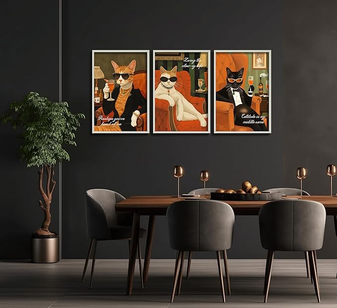 3Pcs Funny Cat Canvas Wall Art Elegant White Black Orange Cat Drinking Cocktail Painting Picture Wall Decor Luxury Feline Poster Print Bar Cart Artwork Decor for Bar Dining Room Bedroom Home Decortion