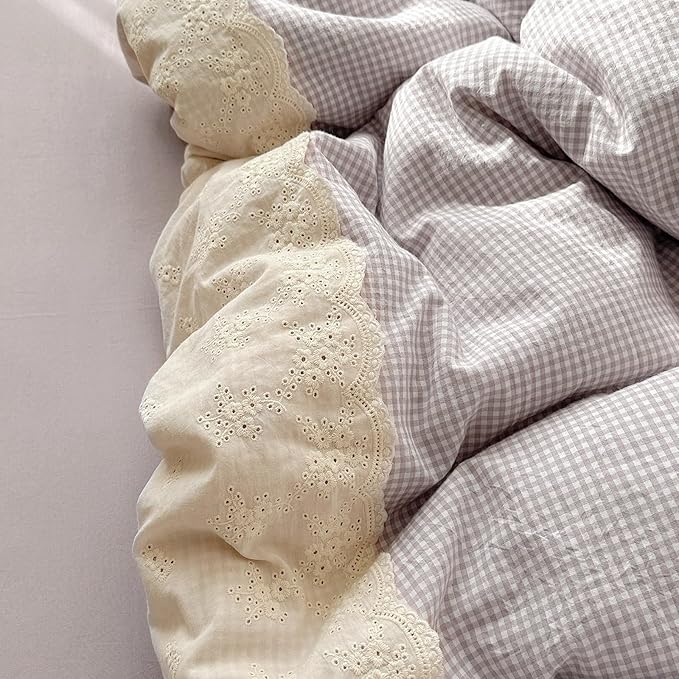 LifeTB Purple Gingham Duvet Cover Queen Cozy Washed Microfiber Purple Checkered Plaid Duvet Cover with 2 Pillowcases Romantic White Lace Comforter Cover 3 Pieces Gingham Grid Bedding Set