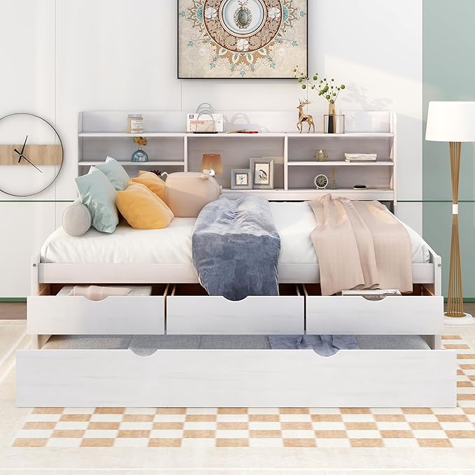 Harper & Bright Designs Full Size Captain Bed with Built-in Bookshelves/3 Storage Drawers/Trundle, Wooden Full Daybed Bed Frame for Kids Teens Dorm Bedroom Multipurpose Guest Room, White Wash