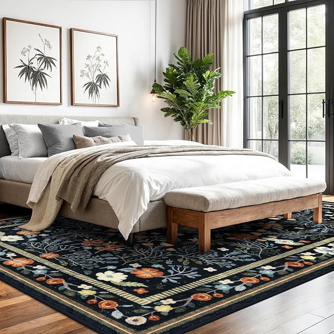 Area Rugs for Living Room 8x10, Washable Non-Slip Thin Floral Vintage Boho Rug for Bedroom Dining Room Office, Non-Slip Rug for Kitchen Indoor Lightweight Carpet, Black/Multi