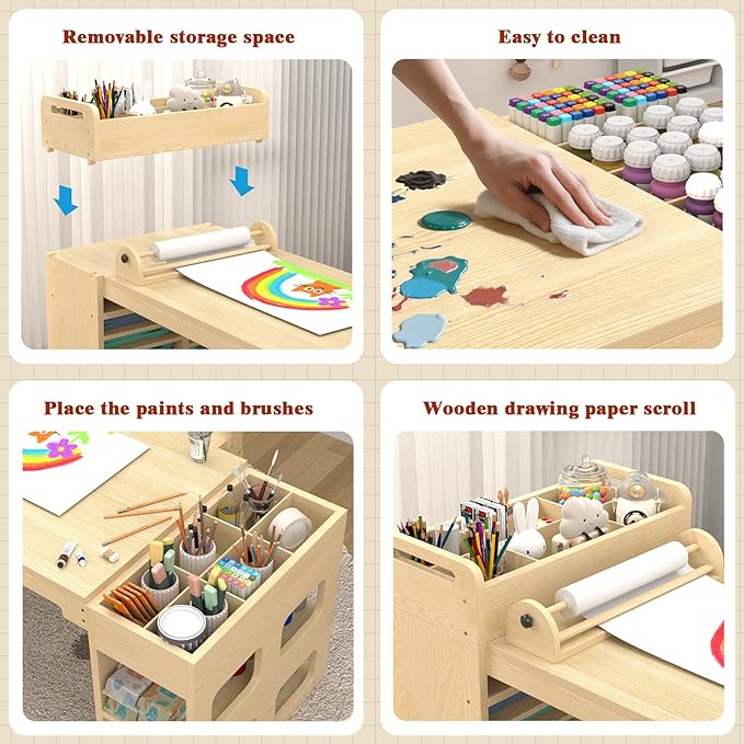 50"x22" Kids Art Table and Chair Set, Kids Craft Table with Paper Roll and 2 Chairs,Kid Activity Desk with Storage and Portable Supply Organizer for Writing, Drawing, Learning and Reading