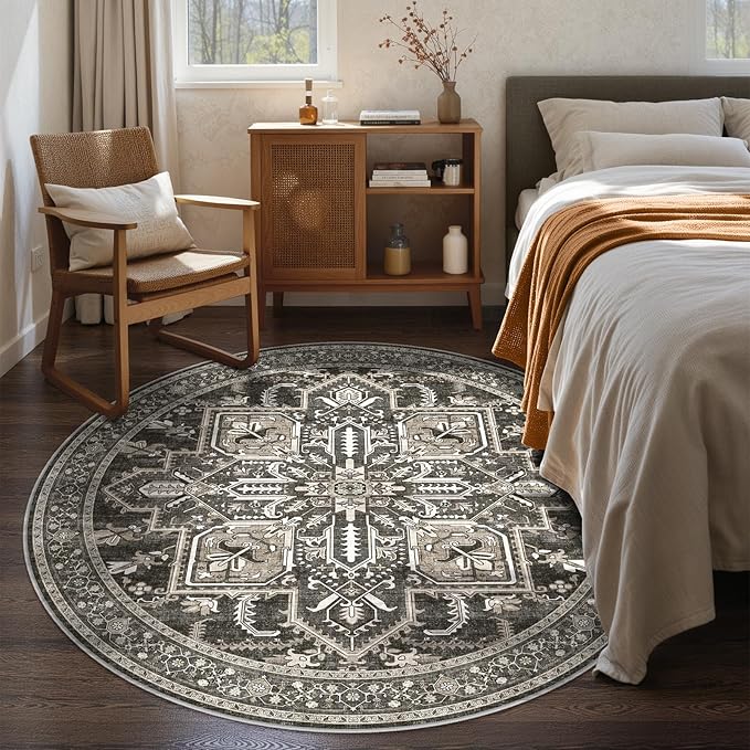 WITSHOCK 6Ft Round Black Washable Area Rug: Vintage Boho Non-Slip Low Pile Large Circle Carpet for Living Room Bedroom Kitchen Nursery Home Office, Foldable Soft Pet-Friendly Farmhouse Floral Décor