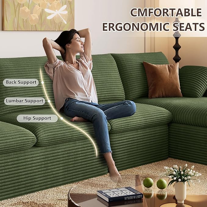 Cloud Sectional Couch,136 Inch Modular Sectional Sofa with Deep Seat, Modern Corduroy Boneless Couches with L-Shape Chaise for Living Room Bedroom, No Assembly Required (Green, Right Facing Chaise)