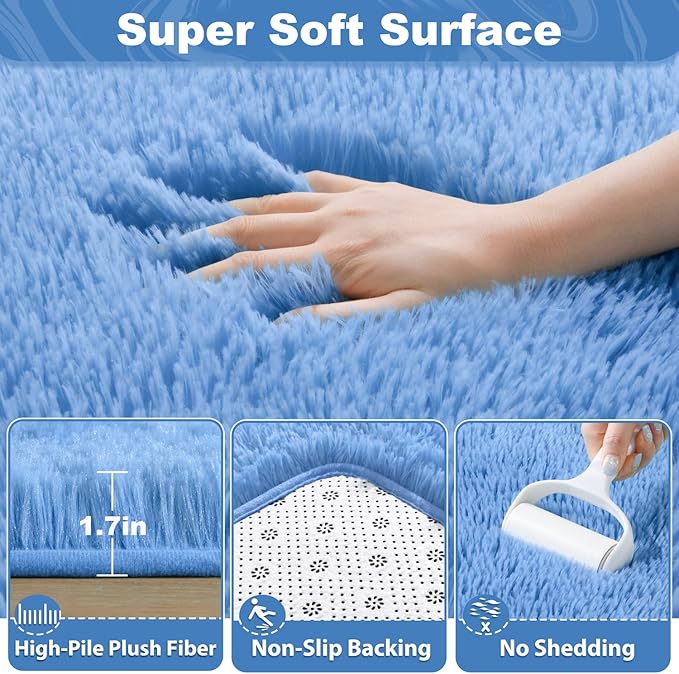 EVOIONOS 5x8 Washable Large Area Rug Living Room, Fluffy Shag Rug Bedroom, Ultra Soft Plush Non Slip Carpet Indoor Floor Bedside Nursery Kids Girls Room Dorm, Home Decor Aesthetic, Cobalt Blue‌