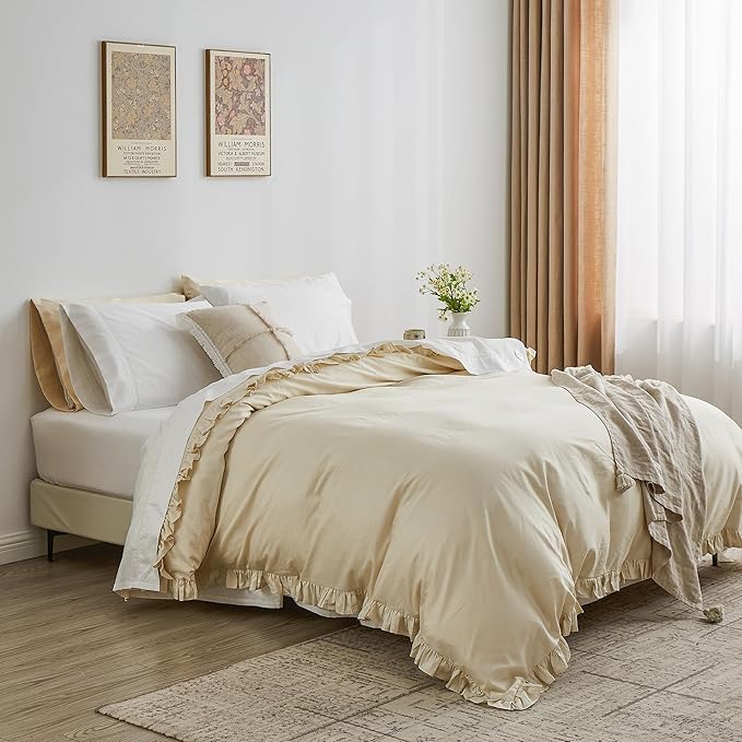 Simple&Opulence Kids 100% Organic Cotton King Duvet Cover Ruffle 3Pcs(1 Comforter Cover 2 Pillowcases) Cute Lace Vintage Boho Shabby Chic Farmhouse Bedding Set Teen Girls(Beige, King)