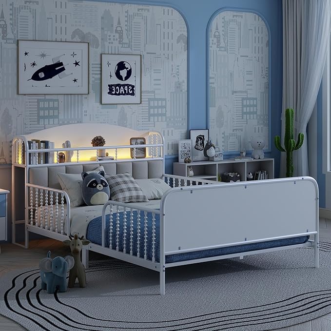 Ball & Cast Full Size Toddler Bed W/LED Light,Metal Bed W/Linen Fabric Upholstered Storage Headboard,Platform Bed Frame W/Safety Guardrails & Low Profile Design,for Boys Girls,White