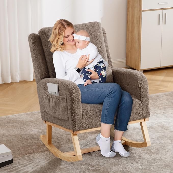 Rocking Chair Nursery,Sherpa Nursing Rocking Chairs, Upholstered Nursery Glider Rocker Wingback Morden Rocking Chair with Lumbar Pillow for Mom Nursery, Living Room, Bedroom, Teddy Coffee