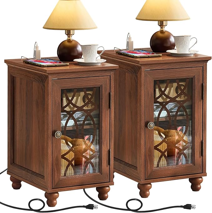 Narrow Side Table with Charging Station Set of 2, Night Stand with Glass Door,Bedside End Tables with Adjustable Shelf Storage Cabinet,Wood Nightstand for Small Spaces Living Room Bedroom