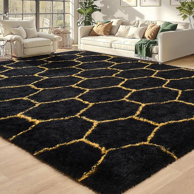 Meralax Hexagon Gold/Black Rugs for Living Room Bedroom, 5x8 Soft Area Rug Fluffy Shaggy Bedside Rug, Machine Washable Indoor Floor Carpet for Kids Boys, Dorms, Nursery Rooms, Home Decor Aesthetic