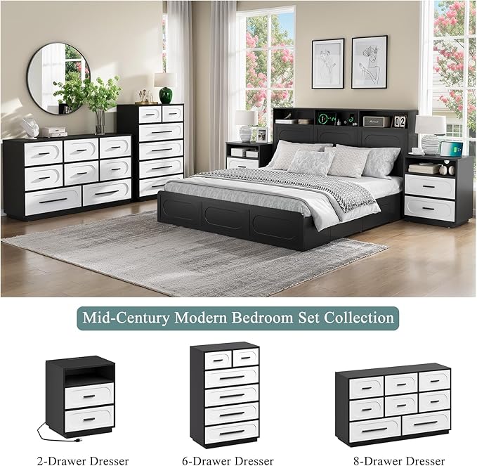 26" Tall Modern Nightstand with Charging Station, White End Table with 2 Drawers Storage, Space-Saving Wood Storage Cabinet with Unique Base Design, Bedside Table for Bedroom, Living Room