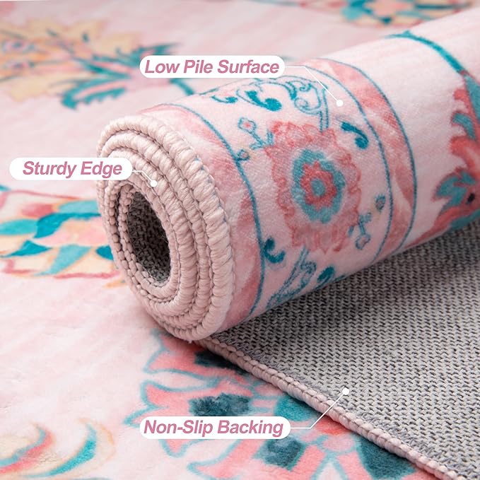 Tangsoo Pink Rug for Bedroom Girl Nursery 5x7, Washable Non Slip Cute Floral Rug for College, Soft Low Pile Carpet for Living Room Teen Coquette Room Loveshackfancy Decor Alfombra Kids Baby Playroom